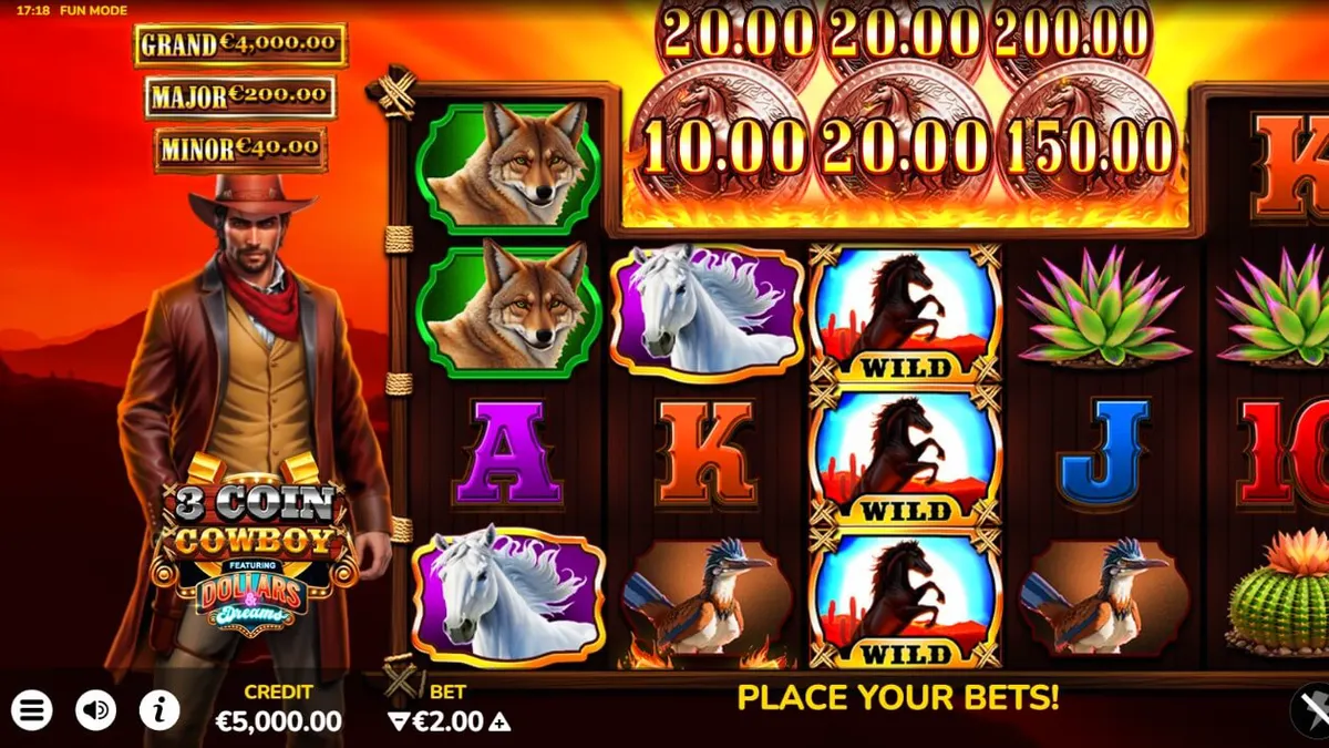 Pemandangan atmosferik Wild West dengan gulungan slot 3 Coin Cowboy Dollars & Dreams