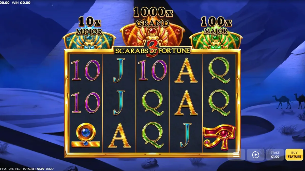 Tampilan visual slot 3 Scarabs of Fortune dengan tema Mesir kuno